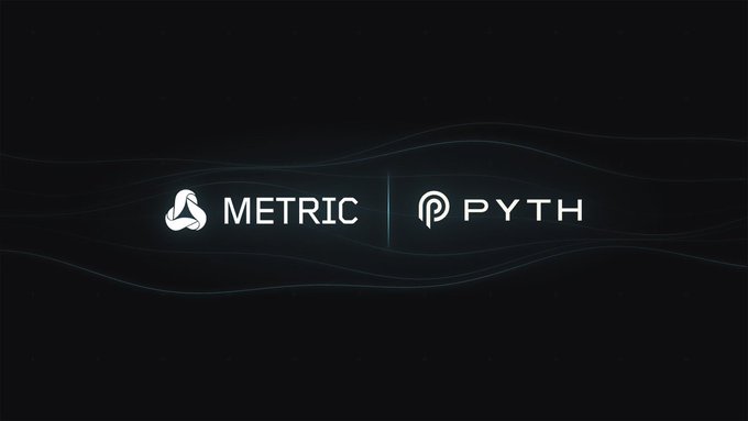 The image features a sleek, dark banner displaying the "METRIC" and "PYTH" logos side by side, separated by a vertical line, set against a subtle wave-patterned background. This visual reinforces the post's message by showcasing a partnership between Metric and Pyth, indicating Metric's access to institutional-grade market data powered by Pyth's oracle network.