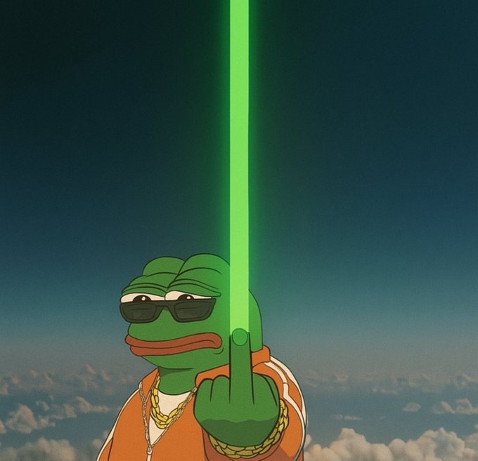 A digital illustration features a green Pepe the Frog wearing sunglasses, an orange jacket, and a gold chain, pointing a finger upward that emits a bright green laser beam into the sky.