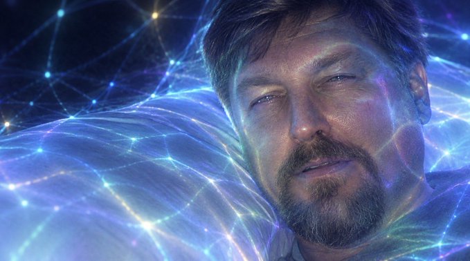 A cinematic portrait shows a bearded man surrounded by swirling, glowing blue and purple cosmic energy and starry light effects.