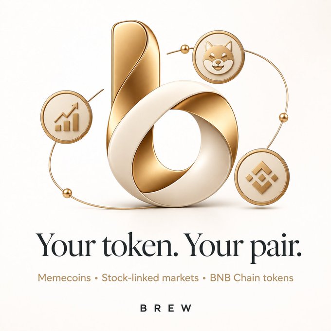 A 3D-rendered promotional graphic for BREW featuring a stylized golden and cream logo, surrounded by icons representing a Shiba Inu, a stock chart, and the Binance logo, with text 'Your token. Your pair. Memecoins • Stock-linked markets • BNB Chain tokens'.
