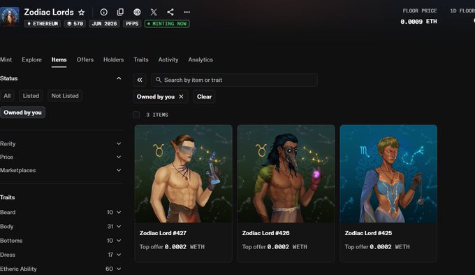 Screenshot of an OpenSea NFT collection page titled "Zodiac Lords" on Ethereum blockchain, showing 3 items (#425, #426, #427) all priced at a top offer of 0.0002 WETH, marked as "MINTING NOW" with 578 total minted — matching the post celebrating the free minting of 3 Zodiac Lords for normiesART holders.