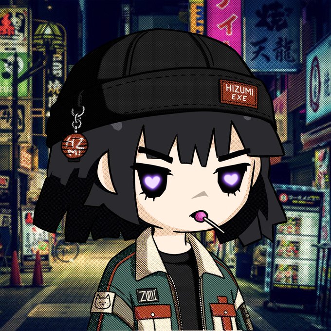 A pixel-art chibi character with glowing purple eyes wears a black beanie labeled "HIZUMI EXE" and a green jacket marked "ZUTT," standing against a neon-lit cityscape backdrop. The image promotes a giveaway for the "Hizumi" NFT project, featuring their signature mascot character to attract entries.