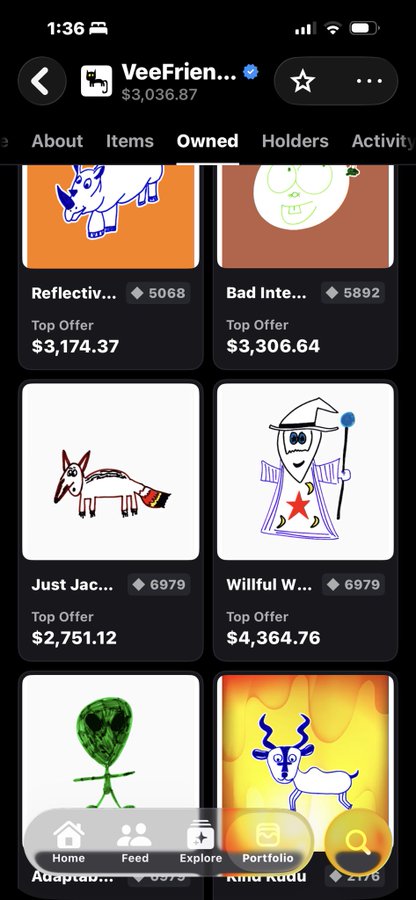 A mobile app screen showing the "Owned" portfolio tab of "VeeFrien..." valued at $3,036.87, displaying various digital collectibles including "Reflectiv..." ($3,174.37), "Bad Inte..." ($3,306.64), "Just Jac..." ($2,751.12), and "Willful W..." ($4,364.76).