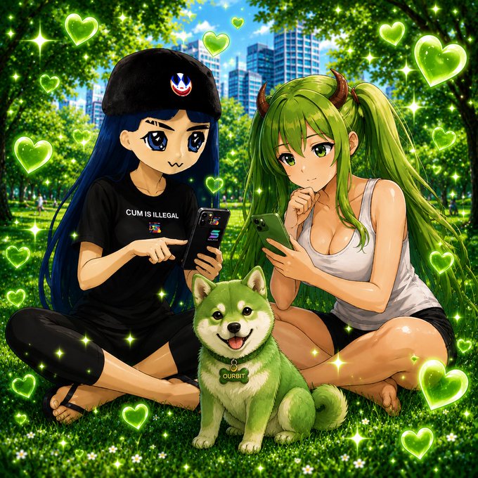 Anime-style illustration of two female characters with a green Shiba Inu dog wearing an 'OURBIT' tag, sitting in a park surrounded by glowing green heart sparkles.