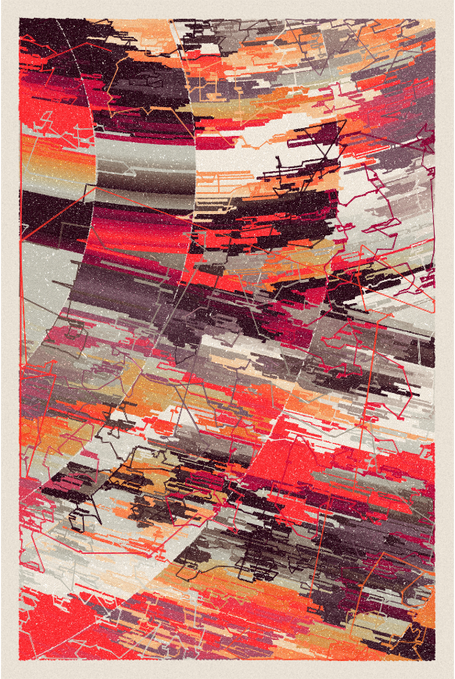 An abstract mixed-media artwork featuring layered horizontal bands in red, orange, black, white, and gray tones, with scratchy line work and textured rectangular patches creating a fragmented, glitch-like composition.