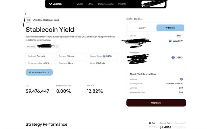A screenshot of the Valdora platform showing a Stablecoin Yield vault ($VaultSY) on ZIGChain with a Net APY of 12.82% and TVL of $9,476,447.