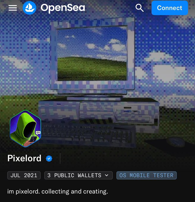 OpenSea profile page for verified user 'Pixelord', tagged as 'OS Mobile Tester', joined JUL 2021 with 3 public wallets, displaying the tagline 'im pixelord. collecting and creating.'