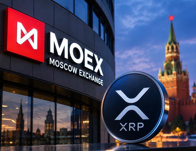 A XRP cryptocurrency coin sits in front of the Moscow Exchange (MOEX) building, with the Kremlin visible in the background.