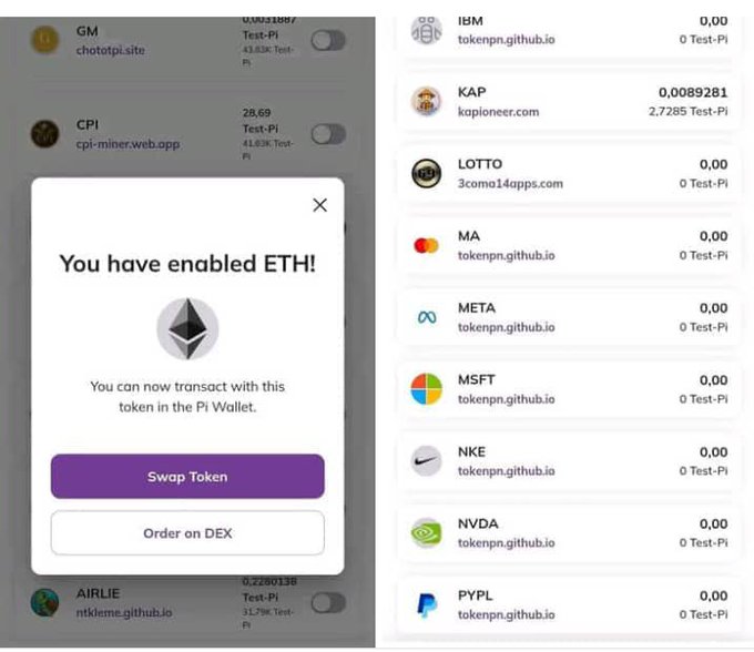 The image shows a Pi Testnet Wallet screenshot displaying a pop-up that reads "You have enabled ETH! You can now transact with this token in the Pi Wallet," alongside a list of tokenized stocks and assets like IBM, KAP, LOTTO, MA, META, MSFT, NKE, NVDA, and PYPL, all showing 0 Test-Pi balances except KAP at 0.0089281. This visually supports the post's claim that ETH has appeared as an enabled token in the Pi Testnet Wallet, signaling new development activity on the Pi Network.