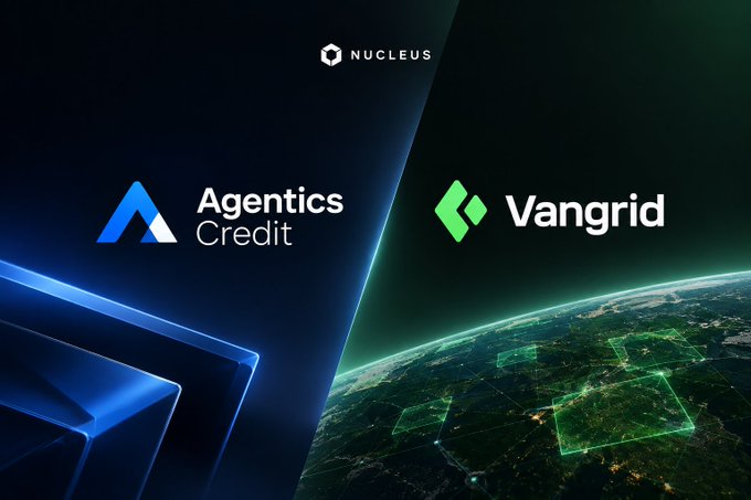 A promotional graphic featuring the 'NUCLEUS' logo at the top, with 'Agentics Credit' on the left and 'Vangrid' on the right, set against a backdrop of Earth and abstract blue/green digital lines.