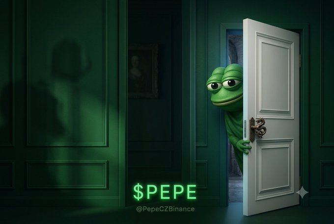 A digital artwork of a green Pepe the Frog peeking through a slightly open white door with the text "$PEPE" and "@PepeCZBinance" displayed on a dark green wall.