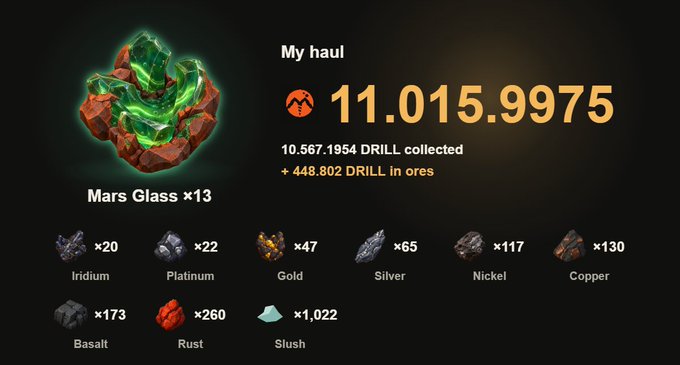 Game interface showing a 'My haul' summary with 11,015.9975 total DRILL, including 10,567.1954 collected and 448.802 in ores, alongside a Mars Glass x13 item and resources like Iridium, Platinum, Gold, Silver, Nickel, Copper, Basalt, Rust, and Slush.