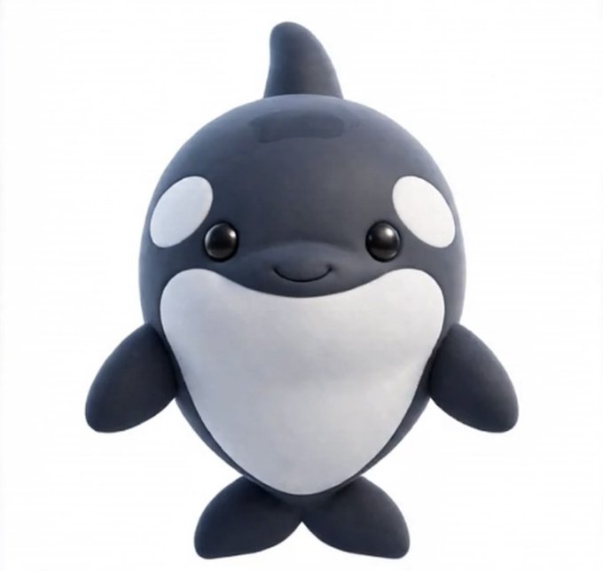 A 3D render of a cute cartoon-style orca whale figurine with a smiling face, displayed against a white background.