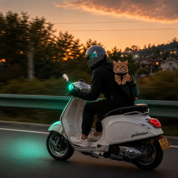 An AI-generated image of a person in a helmet riding a white Poloniex-branded scooter at sunset, with an orange tabby cat riding on the back.