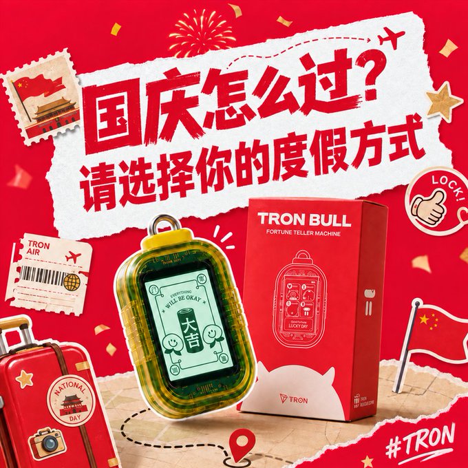 A vibrant red promotional poster for National Day features the Chinese text "国庆怎么过？请选择你的度假方式" (How to spend National Day? Please choose your holiday mode), showcasing a "TRON BULL FORTUNE TELLER MACHINE" toy with its red packaging alongside travel-themed stickers, a suitcase, a flag, and the "#TRON" hashtag. The image visually supports the post's playful poll inviting players to select their holiday "mode" from options like Special Forces Outing, Stay-Home Recharge, Wedding Marathon, or Desk Defense.