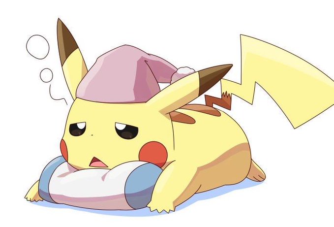An illustration of a tired-looking Pikachu wearing a pink nightcap, resting on an inflatable swim ring with droopy eyes and a sleepy expression.