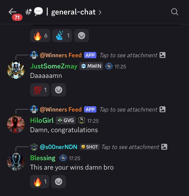 A Discord #general-chat screenshot showing users @Winners Feed, JustSomeZmay, HiloGirl, and s00nerNDN/Blessing reacting with excitement to a shared attachment at 17:25, with messages like "Daaaaamn," "Damn, congratulations," and "This are your wins damn bro" along with fire emojis and 71 unread notifications. The image illustrates the community hype referenced in the caption, where Discord users went crazy celebrating a MetaWin jackpot win being shared via the Winners Feed bot.