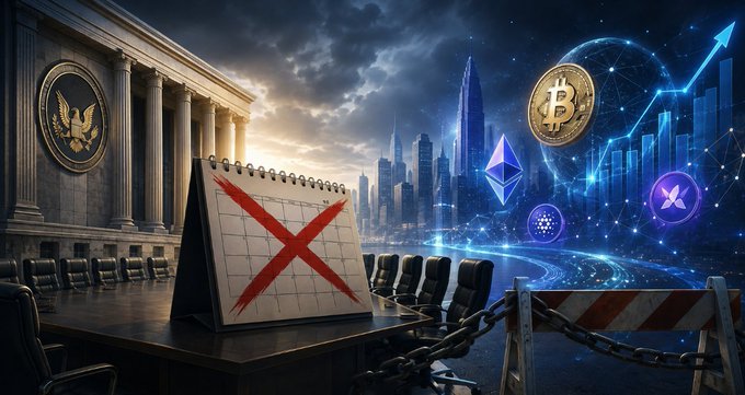 A dramatic digital composition featuring a classical building with an eagle emblem, a calendar marked with a red X, and a glowing futuristic cityscape displaying Bitcoin and Ethereum logos alongside an upward chart arrow, with chains and barricades in the foreground.