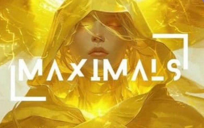 The image features the stylized text "MAXIMALS" with bracket frame graphics overlaid on a golden-hued image of a hooded figure with glowing eyes, likely serving as promotional artwork for the Maximal Labs NFT project referenced in the accompanying post about upcoming staking deployment.