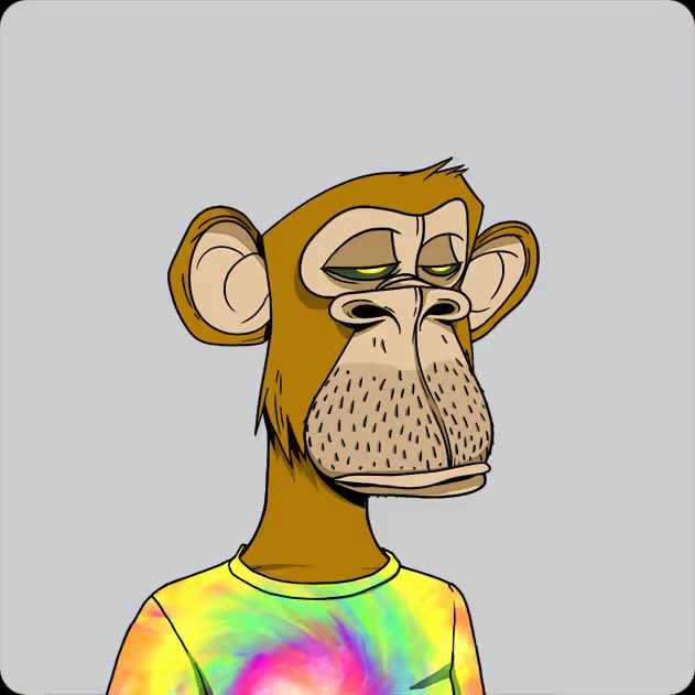 A Bored Ape-style NFT illustration of a monkey with brown fur, green eyes, and a colorful tie-dye shirt.