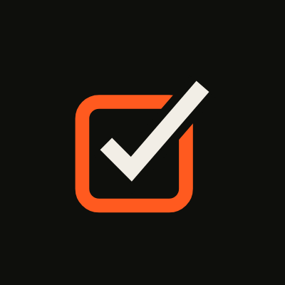 A minimalist logo on a black square, featuring a white checkmark extending beyond an orange rounded square outline.