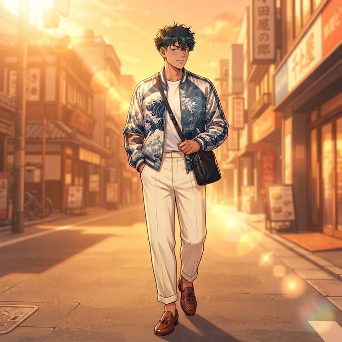 An anime-style illustration of a young man with teal hair wearing a blue and white patterned jacket, white pants, and a crossbody bag, walking down a sunlit street with Japanese signage at sunset.
