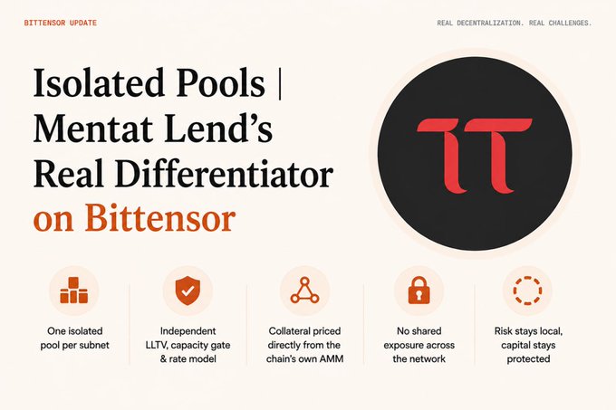 A promotional graphic titled 'BITTENSOR UPDATE' highlighting 'Isolated Pools | Mentat Lend's Real Differentiator on Bittensor,' featuring the Mentat logo and icons explaining key features like isolated pools per subnet, independent LLTV models, and risk containment.