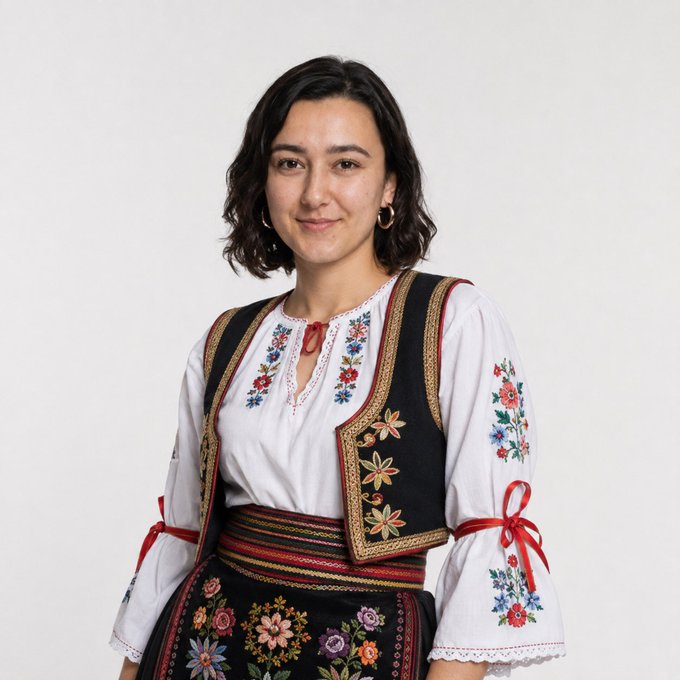 A young woman with short dark hair smiles while wearing a traditional Bulgarian folk costume featuring a white embroidered blouse and a black vest and apron with colorful floral patterns.