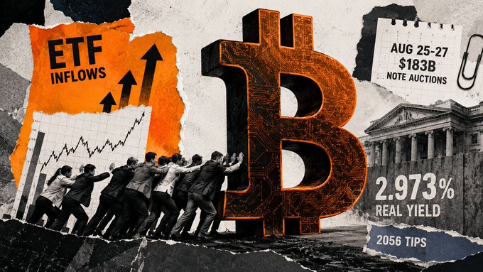 A collage-style financial graphic featuring a large Bitcoin symbol with people pushing it, alongside text reading "ETF INFLOWS", "AUG 25-27 $183B NOTE AUCTIONS", and "2.973% REAL YIELD 2056 TIPS".