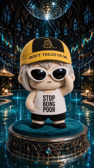 An AI-generated plush doll figure wearing a yellow 'DON'T TREAD ON ME' cap, white sunglasses, and a tank top reading 'STOP BEING POOR', displayed on an ornate pedestal.