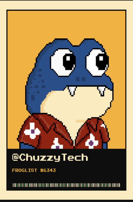 A pixel art illustration of a blue frog character wearing a red Hawaiian shirt with white flowers, with text '@ChuzzyTech' and 'FROGLIST 16343' displayed at the bottom.