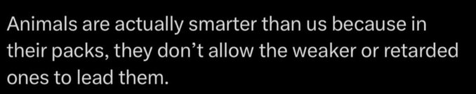 A black screen with white text that reads: 'Animals are actually smarter than us because in their packs, they don't allow the weaker or retarded ones to lead them.'
