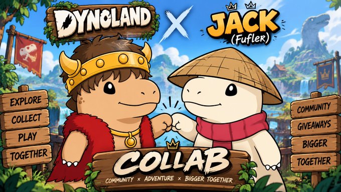 A promotional banner for a 'Dynoland x Jack (FuFler)' collaboration featuring cartoon dinosaur-like characters, with options like 'EXPLORE, COLLECT, PLAY, TOGETHER' and 'COMMUNITY, GIVEAWAYS, BIGGER, TOGETHER'.