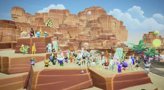 A large gathering of colorful, cartoon-style avatars gathers in a desert canyon setting to celebrate one year of the OthersideMeta platform within the Bone Otherdeed virtual environment. The scene showcases the diverse community of players and characters assembled together for this milestone anniversary event.
