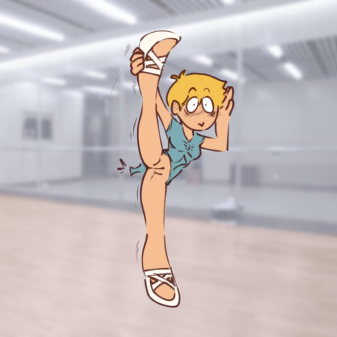 An animated character with blonde hair, wearing a teal leotard and ballet slippers, performs a high standing split in a dance studio with mirrors and wooden floors, humorously illustrating the "Oh snap. Literally I guess" caption as her leg appears to pop out of joint from the extreme stretch.