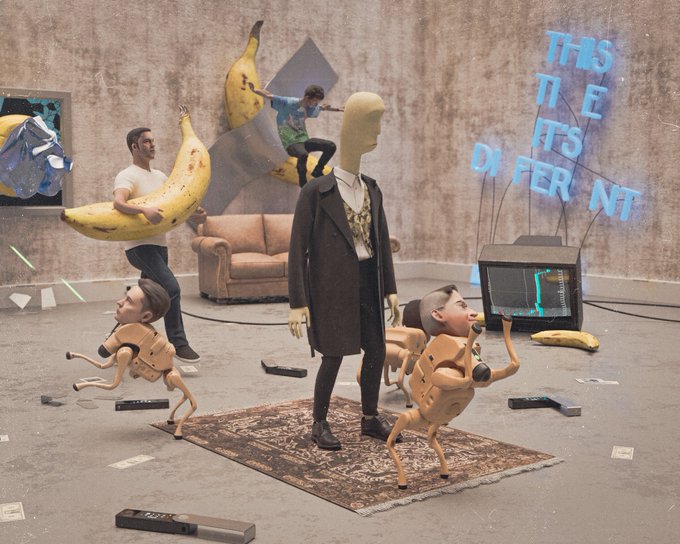 A surreal 3D-rendered scene featuring mannequins, people carrying giant bananas, wooden robot figures, and a neon sign that reads 'THIS IS DIFFERENT' with scattered objects and money on the floor.