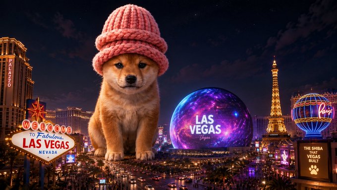 An adorable Shiba Inu puppy wearing a pink knit beanie stands prominently against the Las Vegas skyline, with the iconic "Welcome to Fabulous Las Vegas Nevada" sign and a glowing "LAS VEGAS Vegas" sphere visible nearby. A small sign in the corner reads "THE SHIBA THAT VEGAS BABY!" tying into the meme's theme of loyal holders (Lil Shiba) staying committed despite market volatility.
