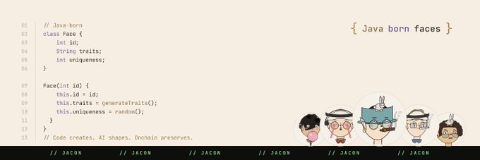 A screenshot of a webpage featuring Java code for a 'Face' class, alongside illustrations of cartoonish character heads labeled 'Java born faces' by JACON.
