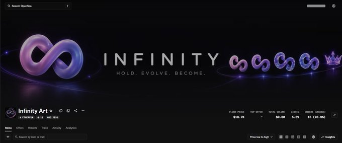 A webpage banner for 'INFINITY' with the tagline 'HOLD. EVOLVE. BECOME.' featuring an infinity symbol logo and animated infinity chain, showing a floor price of $18.7K.