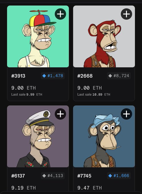The image shows a collection of four different monkey characters displayed on a website or social media platform. The monkeys are wearing hats and have various facial expressions, including one looking sad and another appearing angry. Each monkey character has a unique hat style, adding diversity to their appearances. The image also includes text that reads "If 10 ETH hit my wallet I'm buying the top right one", which suggests that there might be an item for sale in the image.