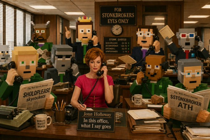 A woman sits at a desk in an office filled with pixelated characters holding phones and newspapers; signs read 'FOR STONKBROKERS EYES ONLY', 'STONK QUOTES', 'SHOLDPLEASE skyrockets', '$STONKBROKER ATH', and a nameplate says 'Joan Holloway - In this office, what I say goes'.