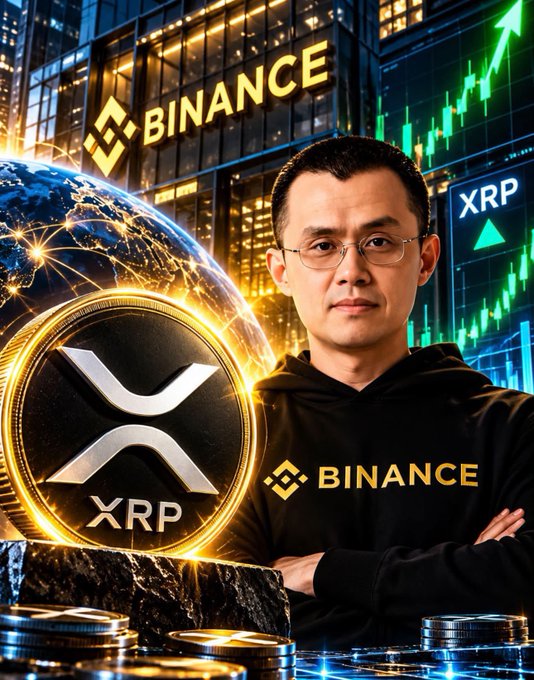 A promotional graphic shows a man in a black Binance hoodie alongside a large XRP cryptocurrency coin, with rising green trading charts and city skyscrapers in the background.
