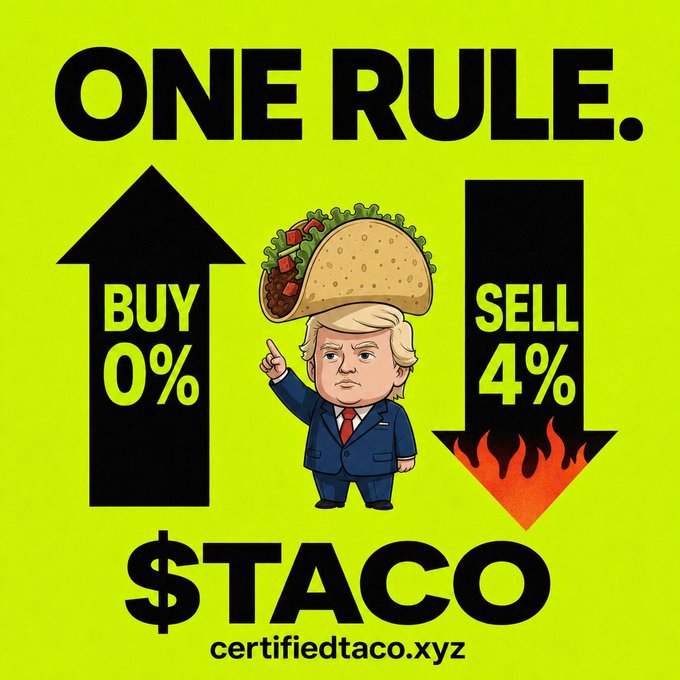 A meme graphic with a yellow background showing a cartoon Donald Trump wearing a taco hat, with text 'ONE RULE. BUY 0% SELL 4%' and '$TACO certifiedtaco.xyz'.