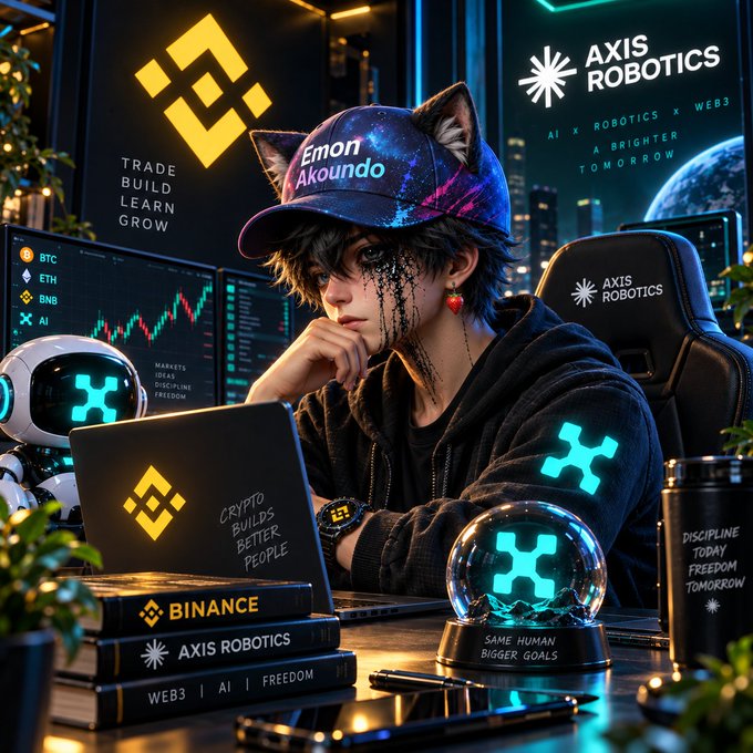 An anime-style character wearing a galaxy-print 'Emon Akoundo' cap sits at a crypto trading setup featuring Binance and AXIS ROBOTICS branding, with a robot companion, trading charts, and motivational phrases like 'DISCIPLINE TODAY FREEDOM TOMORROW'.