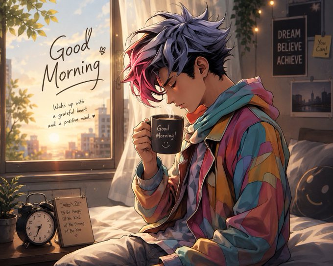 The image features a man sitting on a bed with his head resting against the pillow while holding a cup of coffee or tea. The background includes a window, which allows natural light into the room, creating a warm atmosphere. There are also some potted plants in the scene that add to the overall ambiance. The post reads "Good morning everyone Can I get a GM? That's exactly the energy around @River4fun and @RiverdotInc lately $RIVER Season 5 feels different more creator-driven, more community-powered, and honestly more alive than previous cycles You can feel it everywhere: → creators". This message seems to be related to the man sitting on the bed with a cup of coffee or tea. The post suggests that the energy surrounding this scene is positive and uplifting, which could be connected to the man's morning routine or his overall enjoyment of life.