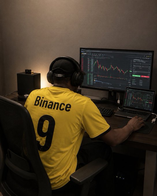 A focused trader wearing a yellow "Binance 9" jersey sits at a dual-monitor setup analyzing crypto charts, embodying nine years of dedication to the craft. The image visually reinforces the post's message of perseverance—quietly showing up night after night to study the markets and keep building.