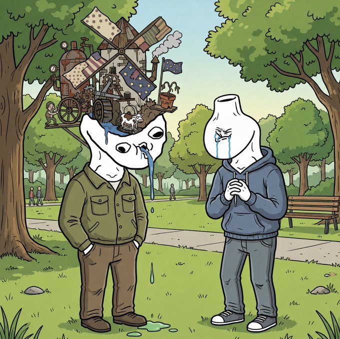 Two surreal, bottle-headed figures stand crying in a park—one wearing a green jacket with an elaborate steampunk contraption emerging from its head, the other in a blue hoodie with hands clasped—likely symbolizing the hype, emotional chaos, and chaotic energy surrounding the free mint giveaway for the "bhretards" NFT collection.
