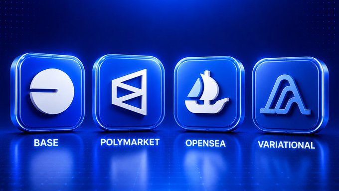Four blue 3D icons representing crypto/web3 platforms labeled BASE, POLYMARKET, OPENSEA, and VARIATIONAL.