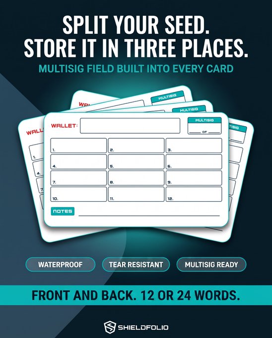 An advertisement for SHIELDOLIO crypto seed phrase backup cards with the headline 'SPLIT YOUR SEED. STORE IT IN THREE PLACES.', highlighting features like waterproof, tear resistant, and multisig ready.