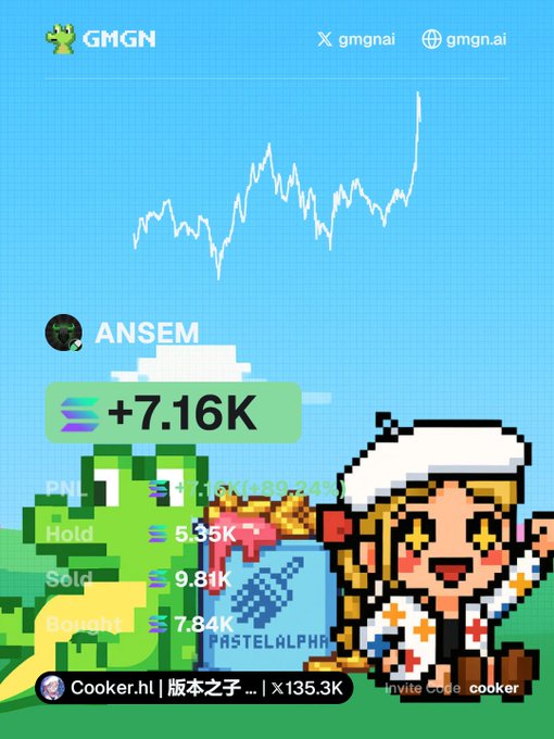 The image is a GMGN tracking screenshot showing the wallet "ANSEM" with a +7.16K SOL profit (including +1.27K from PnL, with stats showing Hold 5.35K, Sold 9.81K, Bought 7.84K), likely tied to the wallet address posted, highlighting a profitable trading position.